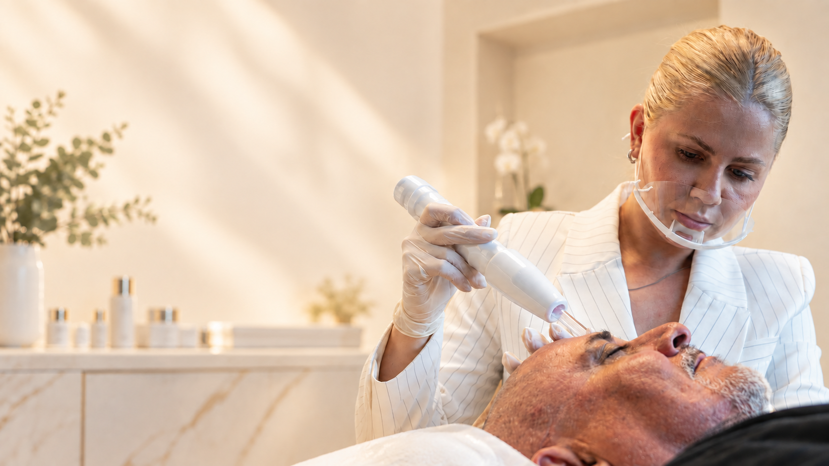 Profissional da MICA realizando aplicação facial em paciente no estúdio